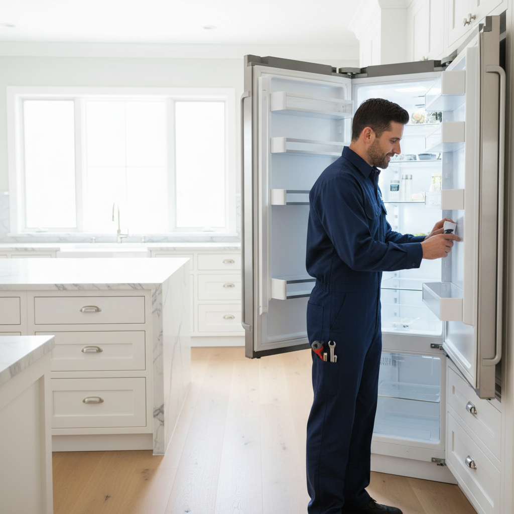 Professional technician inspecting built-in refrigerator